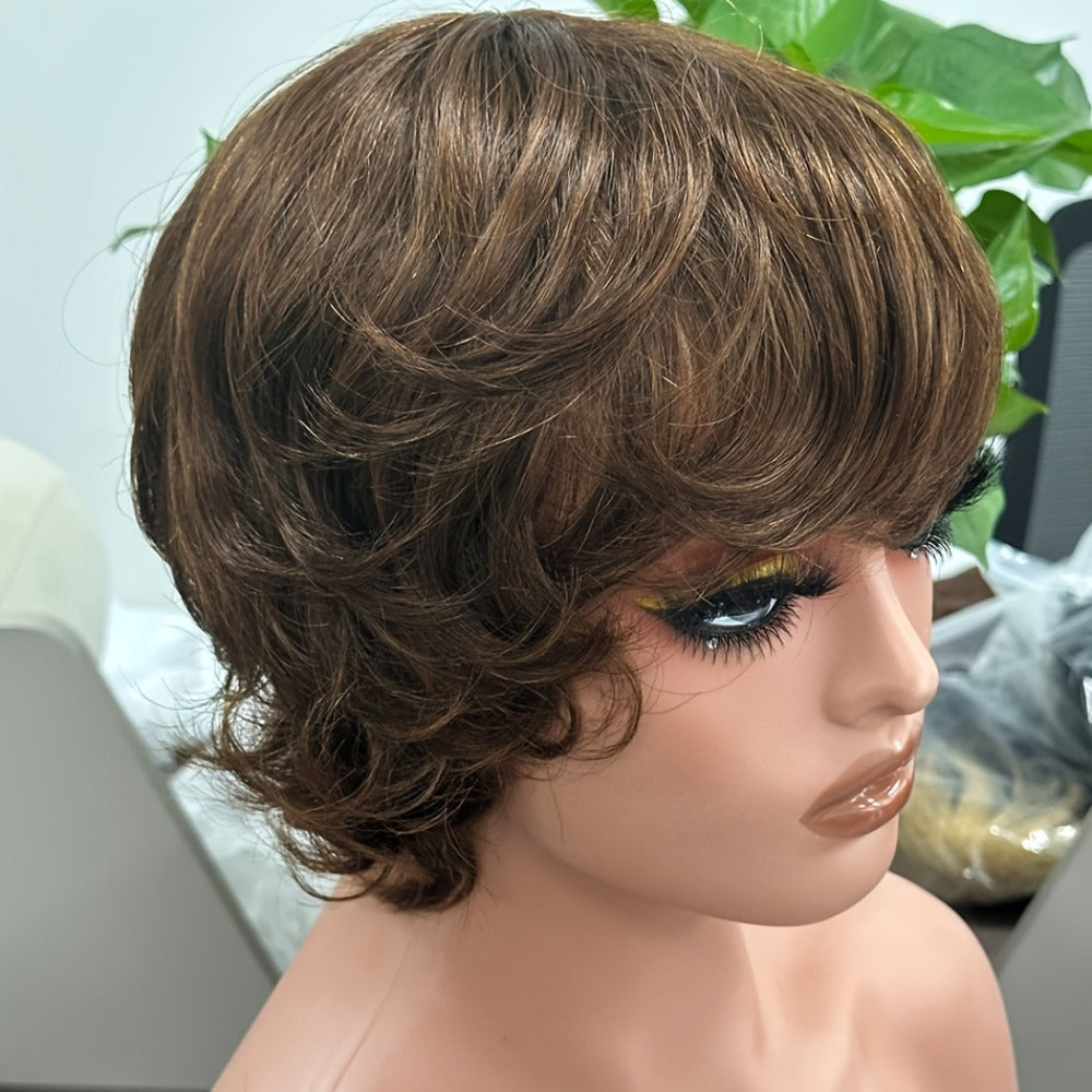 Pixie Cut Wig Human Hair with Bangs Glueless Short Brazilian Layered Machine Made Throw-On-and-Go Hairpiece Natural Black 1B 