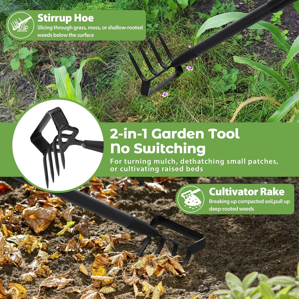 2-in-1 Garden Hand Tool with Stirrup Hoe, Four-Tine Cultivator and 62-, 73- or 82-Inch Sectional Handle — image 4