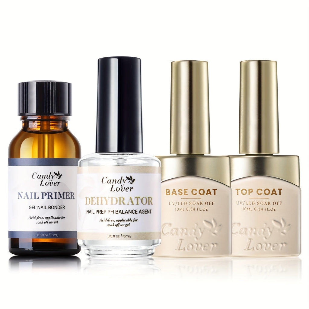 Gel Nail Dehydrator & Primer Kit 4-Piece – Nail Prep Dehydrator, Bonding Primer, Gel Base Coat & Top Coat for Long-Lasting Ch