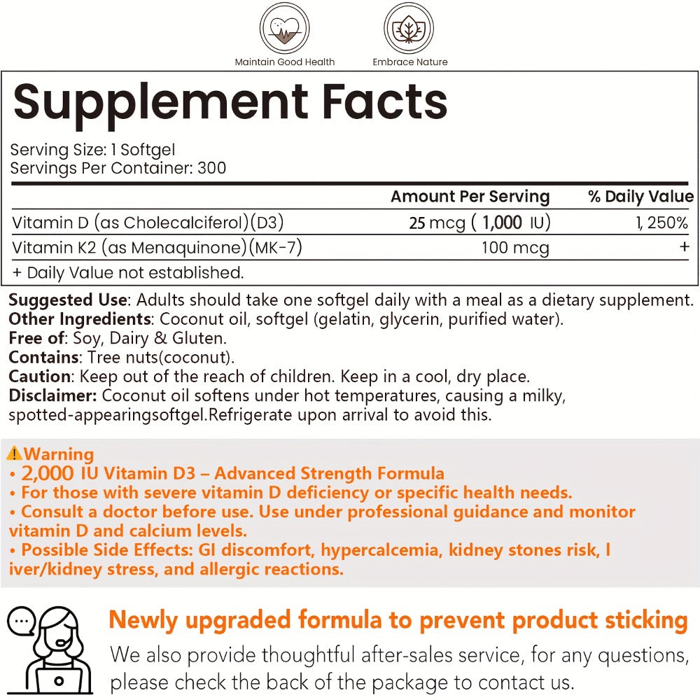 Bone Health Supplement Vitamin D3 1000 IU K2 MK-7 100mcg, 300 Softgels with Coconut Oil for Calcium Absorption — image 2