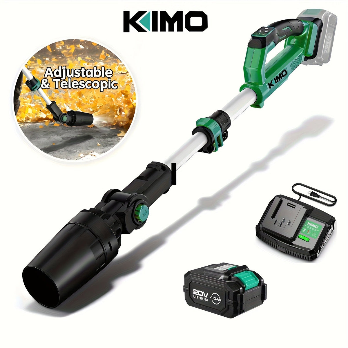 KIMO 20V Cordless Leaf Blower with Telescoping Tube, Three-Speed Label, Charger and One- or Two-Battery 4000mAh Sets — image 