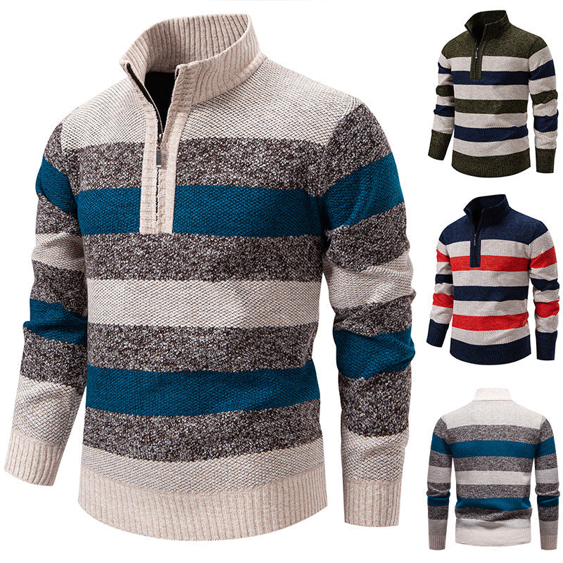 Mens Color-Block Stand-Up Collar Half-Zip Fleece-Lined Thermal Sweater