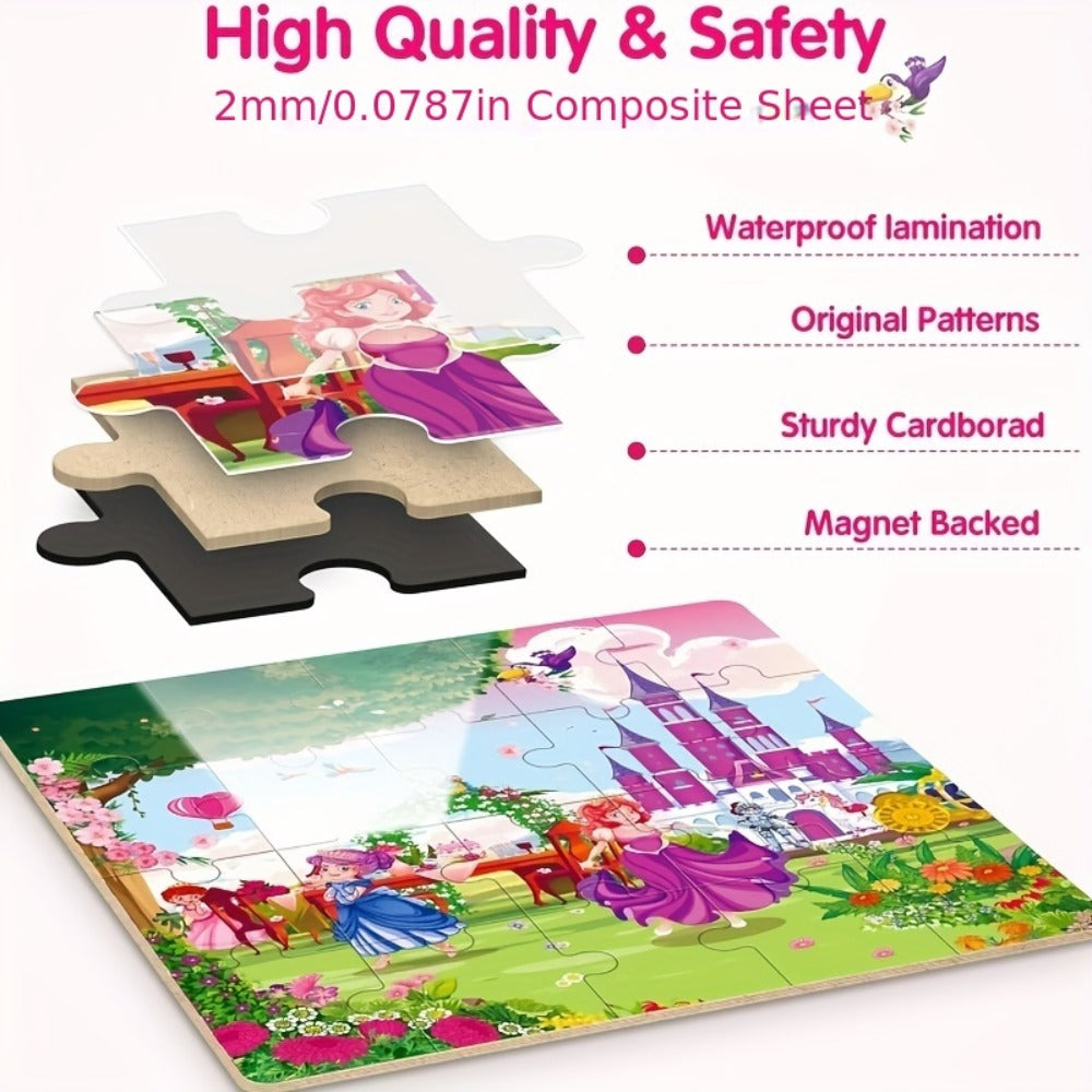 Magnetic Puzzle Book for Girls 3 4 5 6, 3-in-1 Unicorn Mermaid Princess Travel Puzzles, 20 Pieces Folding Magnetic Jigsaw for