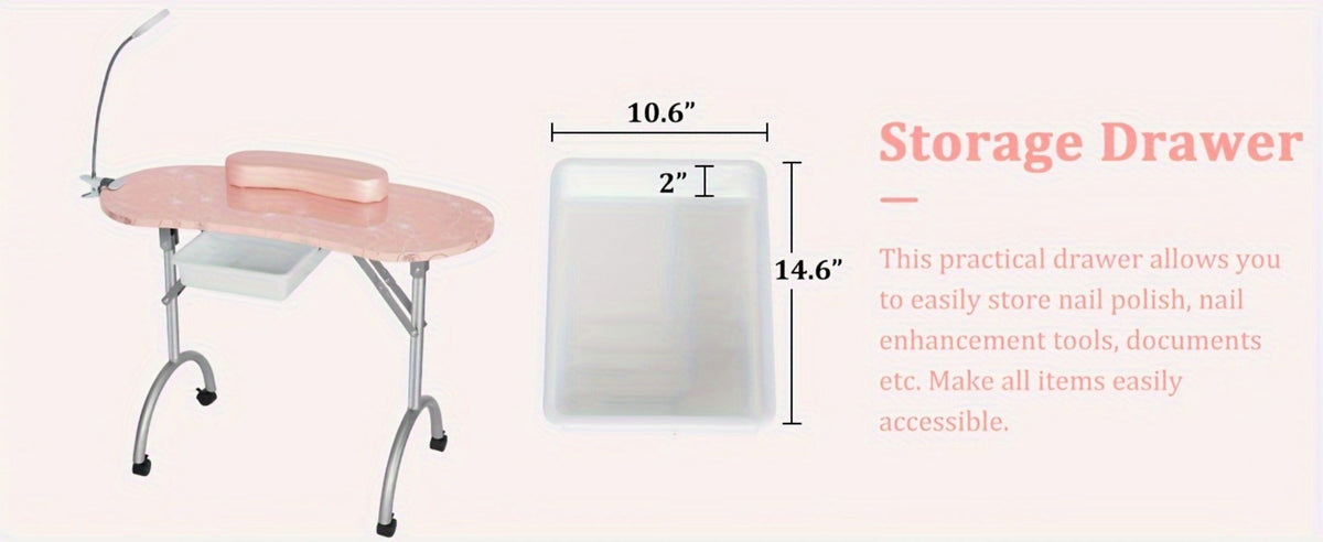 Foldable Nail Table with LED Lamp Drawer Lockable Wheels Wrist Cushion & Carrying Bag, Portable Manicure — image 16