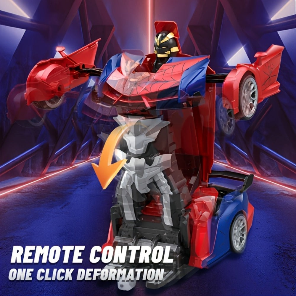 Remote Control Car, Spider-Man Pattern 1:18 Transforming Robot Vehicle with One-Button Change, LED Lights and Three Colors — 