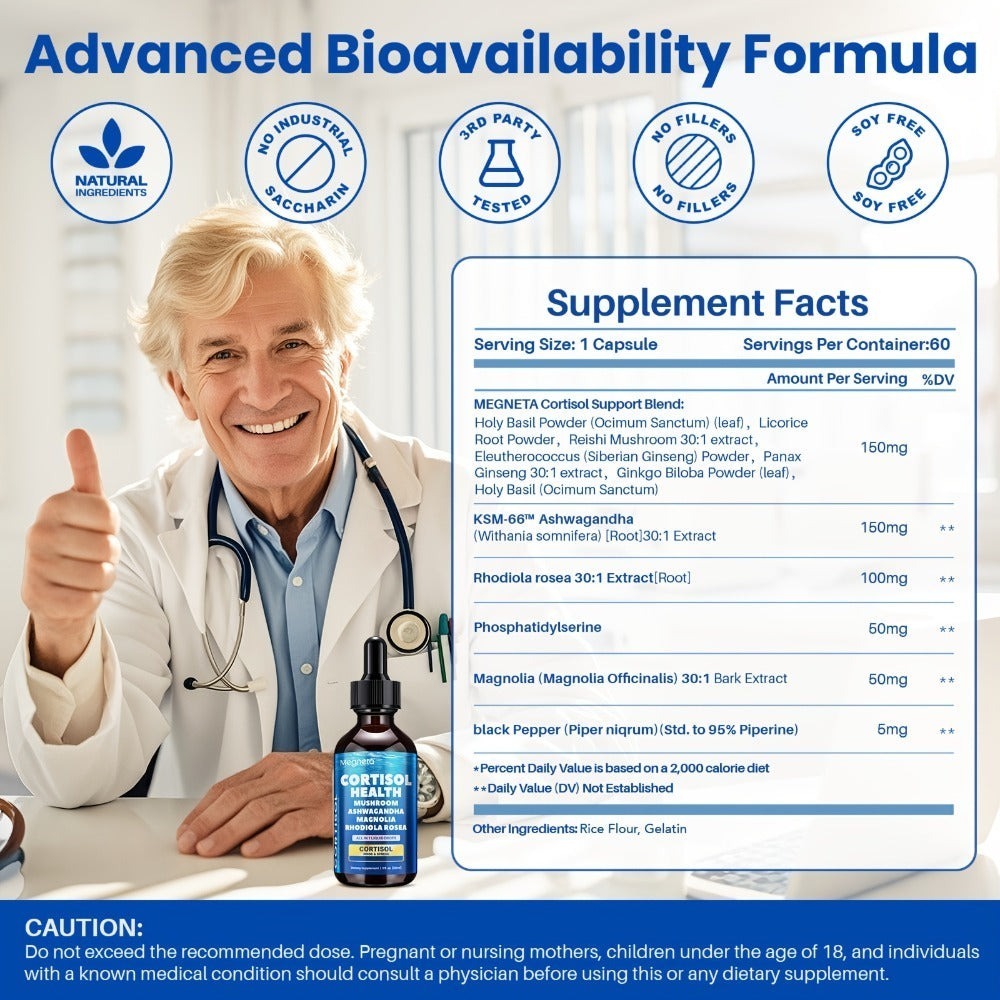 Cortisol Balance Liquid Drops for Stress & Cortisol Belly, KSM-66 Ashwagandha, Magnesium Glycinate & L-Theanine Sublingual Su