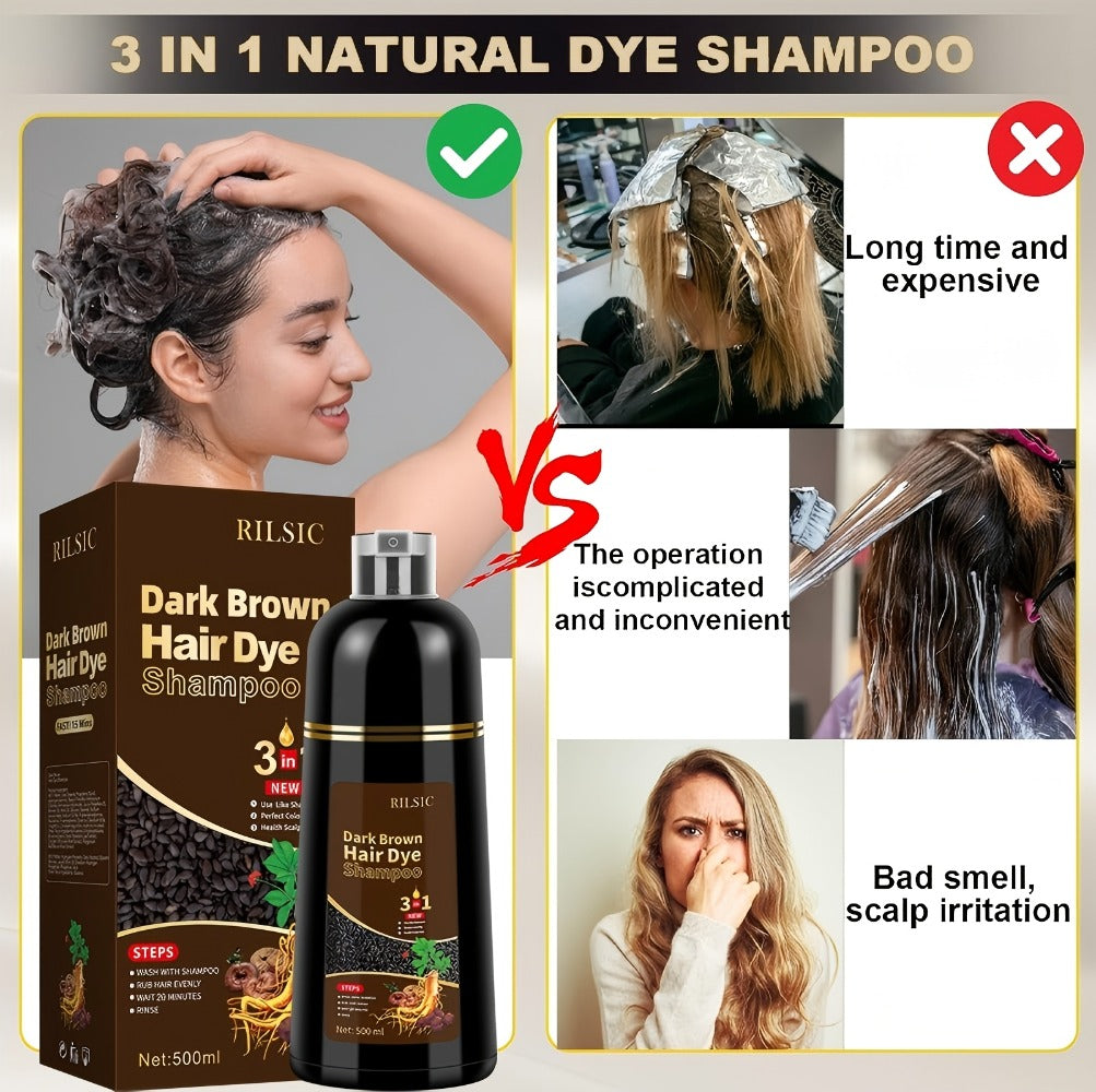 Grey Hair Dye Shampoo 3-in-1 Natural Plant-Based Herbal Formula – Non-Stick Scalp, Covers White Hair in Minutes, 500ml – Blac
