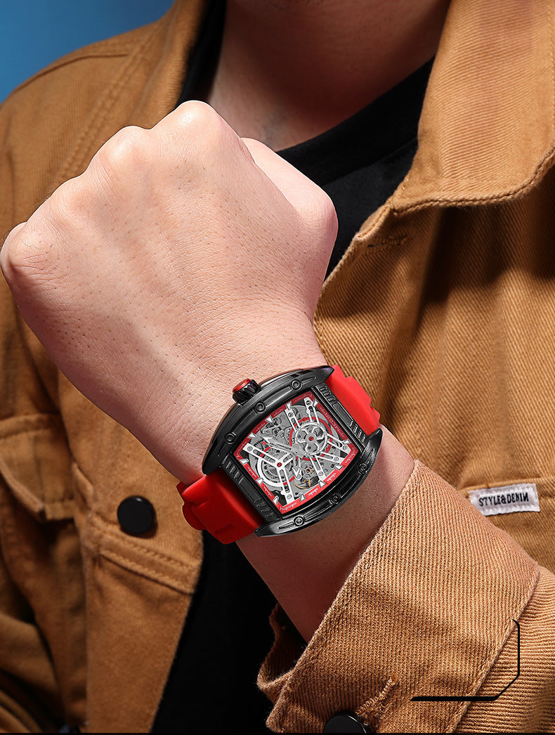 Men's Wine Barrel Type Mechanical Watch Silicone Tape