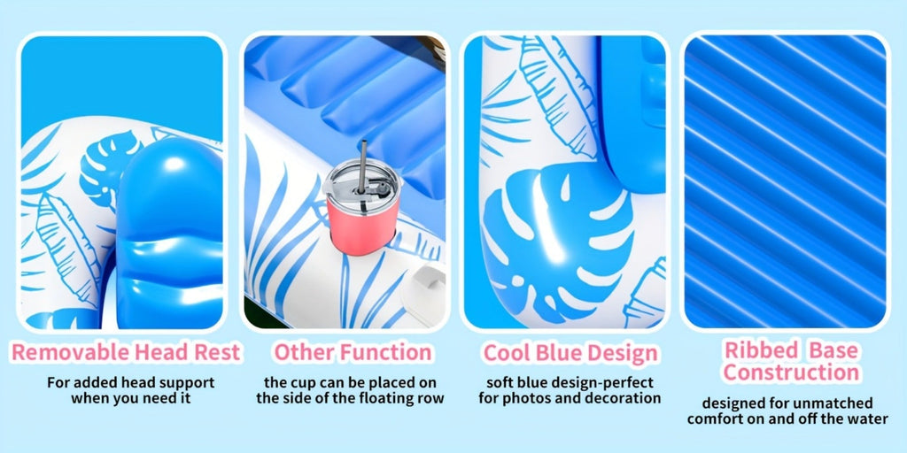Blue-and-White Inflatable Pool Mattress with Removable Headrest, Cup Holder and 83.5 x 52.4-Inch Base — image 9