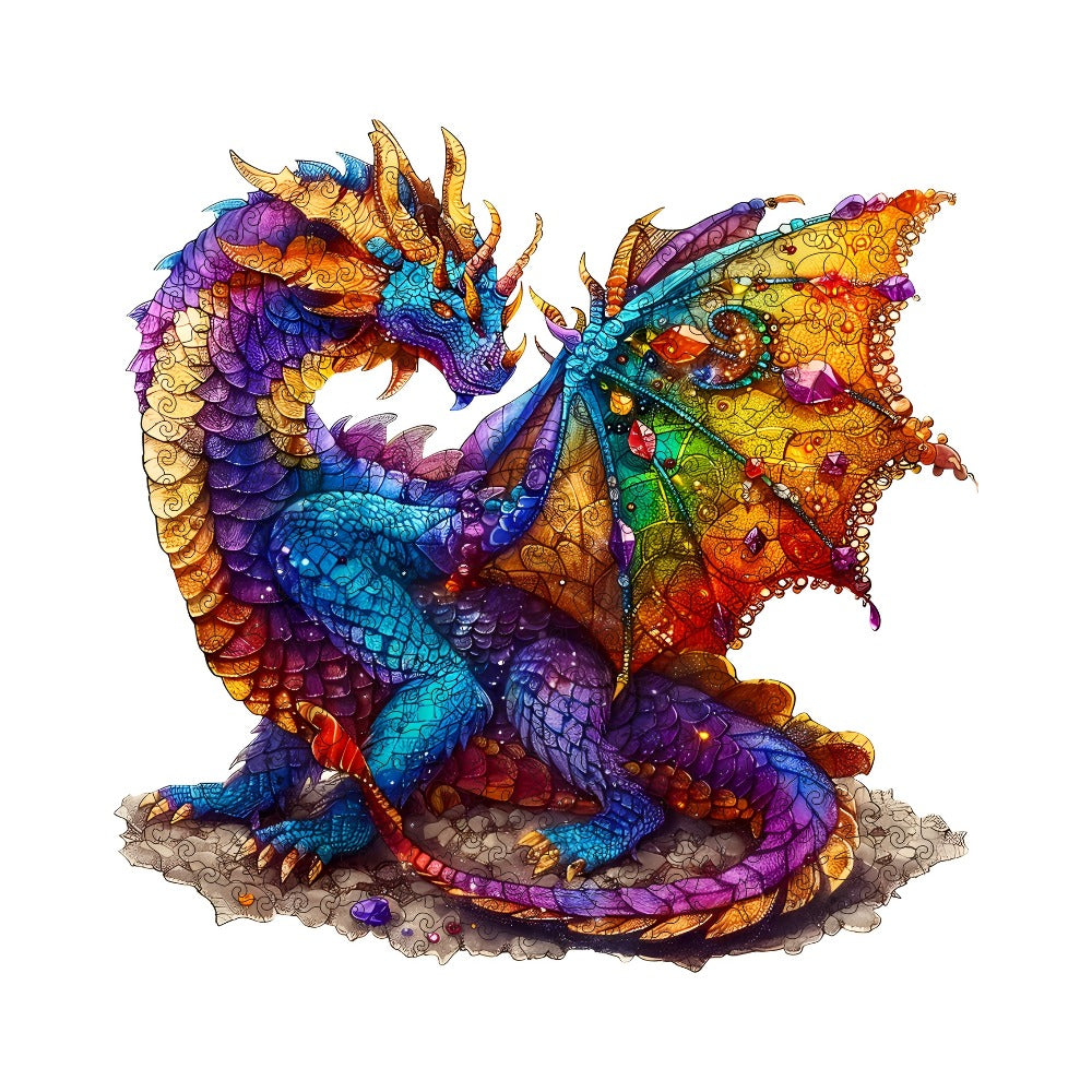 Dragon Wooden Jigsaw Puzzle Gemstone Fantasy – Colorful Irregular Animal Shaped Pieces, Unique Non-Repetitive Plywood Brain T