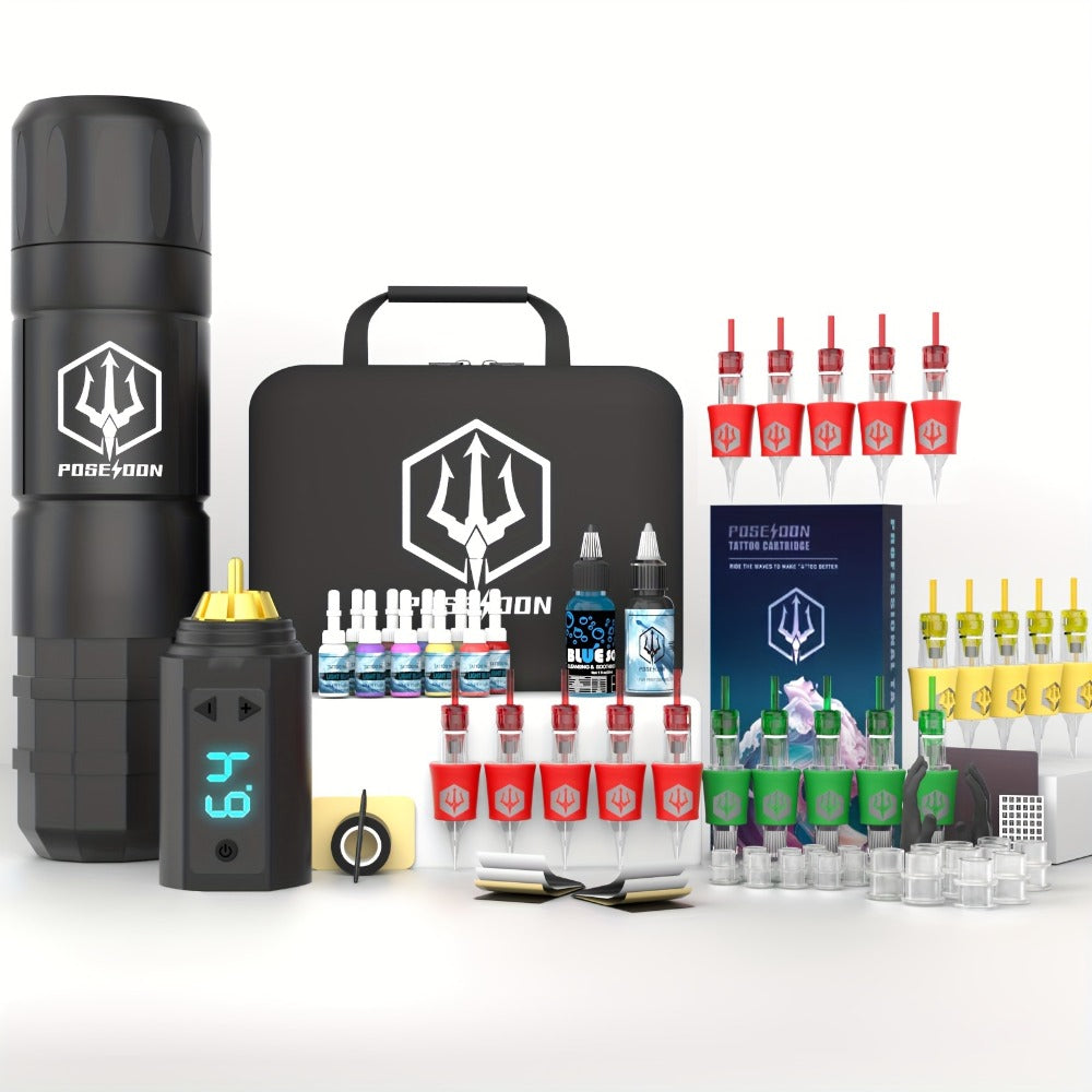 Tattoo Machine Kit POSEIDON TK035 Wireless Rotary Pen with LCD, 1500mAh Battery, 20 Cartridges and Practice Supplies — image 