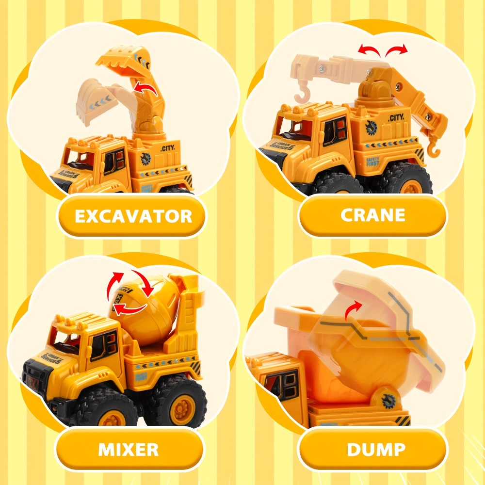 4-Piece Construction Truck Set for Kids, Excavator Dump Truck Crane Cement Mixer Sandbox STEM Engineering Vehicle Playset — i