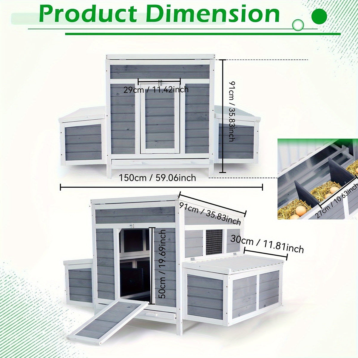 Wooden Chicken Coop with 2 Large Nesting Boxes for 4-6 Chickens, 59" Outdoor Hen House with PVC Roof — image 3
