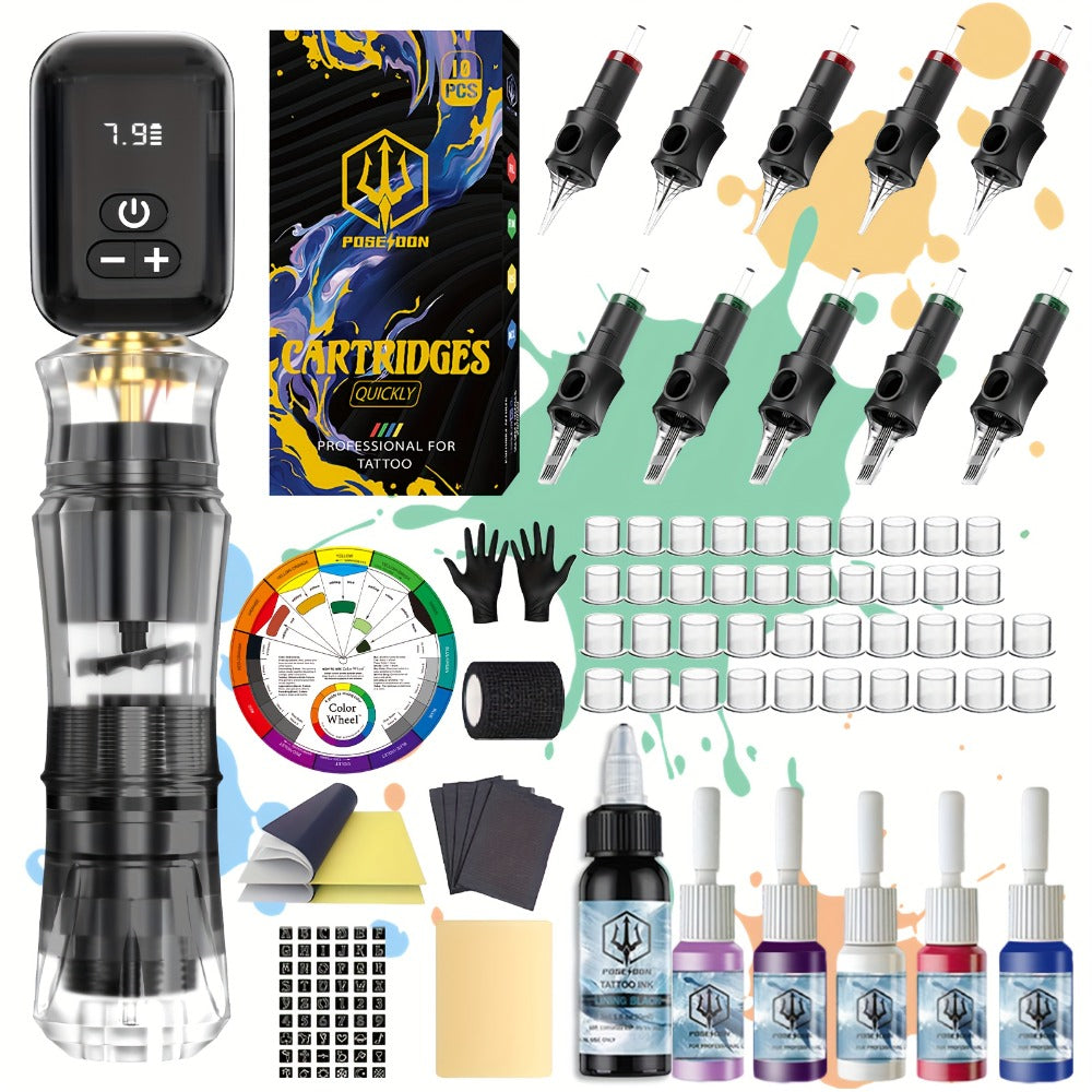 Tattoo Machine Kit POSEIDON PS090-161 Wireless Rotary Pen with 1400mAh Battery, Display, 10 Cartridges and 6 Inks — image 3