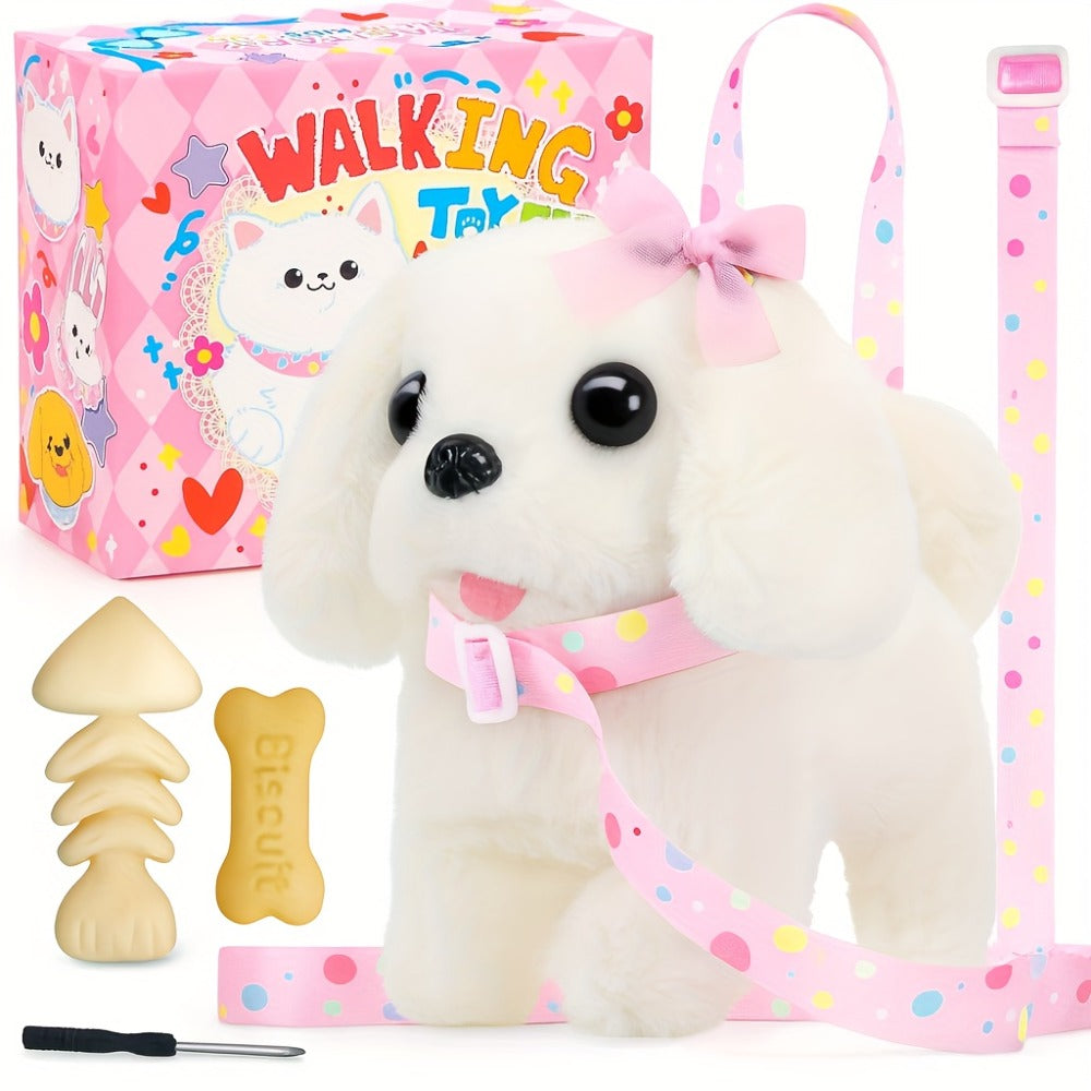 Plush Toy White Electronic Puppy with Walking, Barking, Tail-Wagging Action, Leash and Bow — image 1