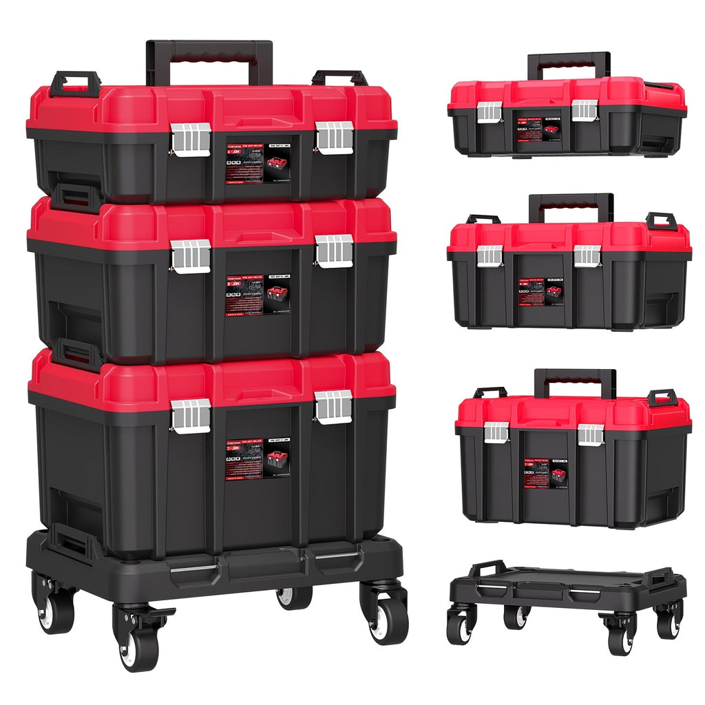 Rolling Tool Box with Wheels 3-Tier Stackable Organizer | Lockable Compartments, Connected Storage, 17" Large Plastic Toolbox