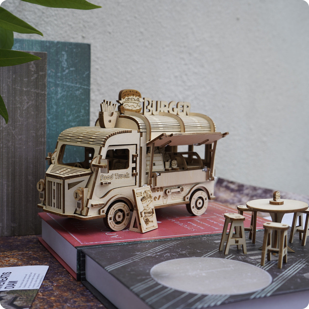 Wooden Food Truck 3D Puzzle Model Kit with Burger Stand Body, Miniature Tables and Pictured 21.5 cm Length — image 12