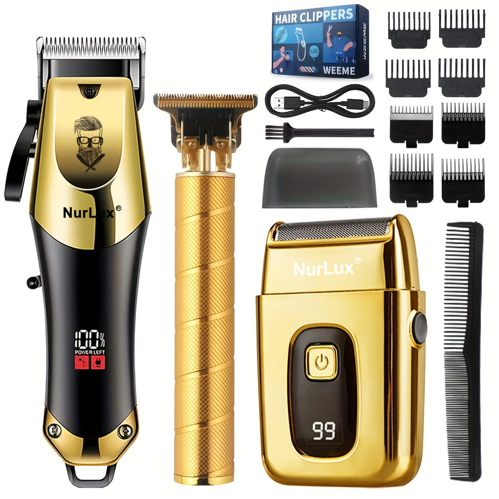 T-Blade Hair Clipper Set for Men – Golden Series USB Rechargeable Trimmer Kit with Guide Combs & Cleaning Brush, 1pc 2pcs 3pc