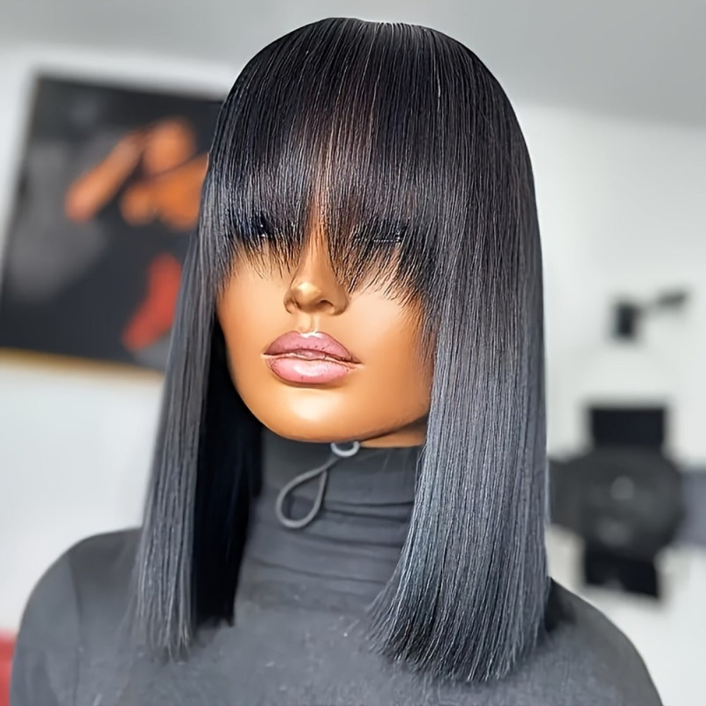Straight Bob Human Hair Wig with Full Bangs, 250% Density, Rose Net Cap and 10-18 Inch Lengths — image 5
