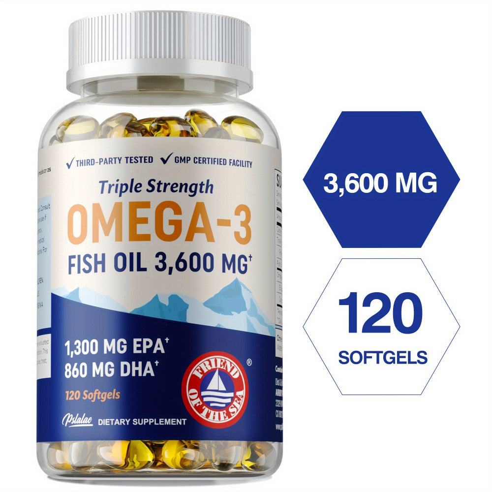 Triple Strength Omega 3 Fish Oil 120 Capsules with High EPA & DHA for Eye, Brain & Heart Health, Joint & Immune Support for M