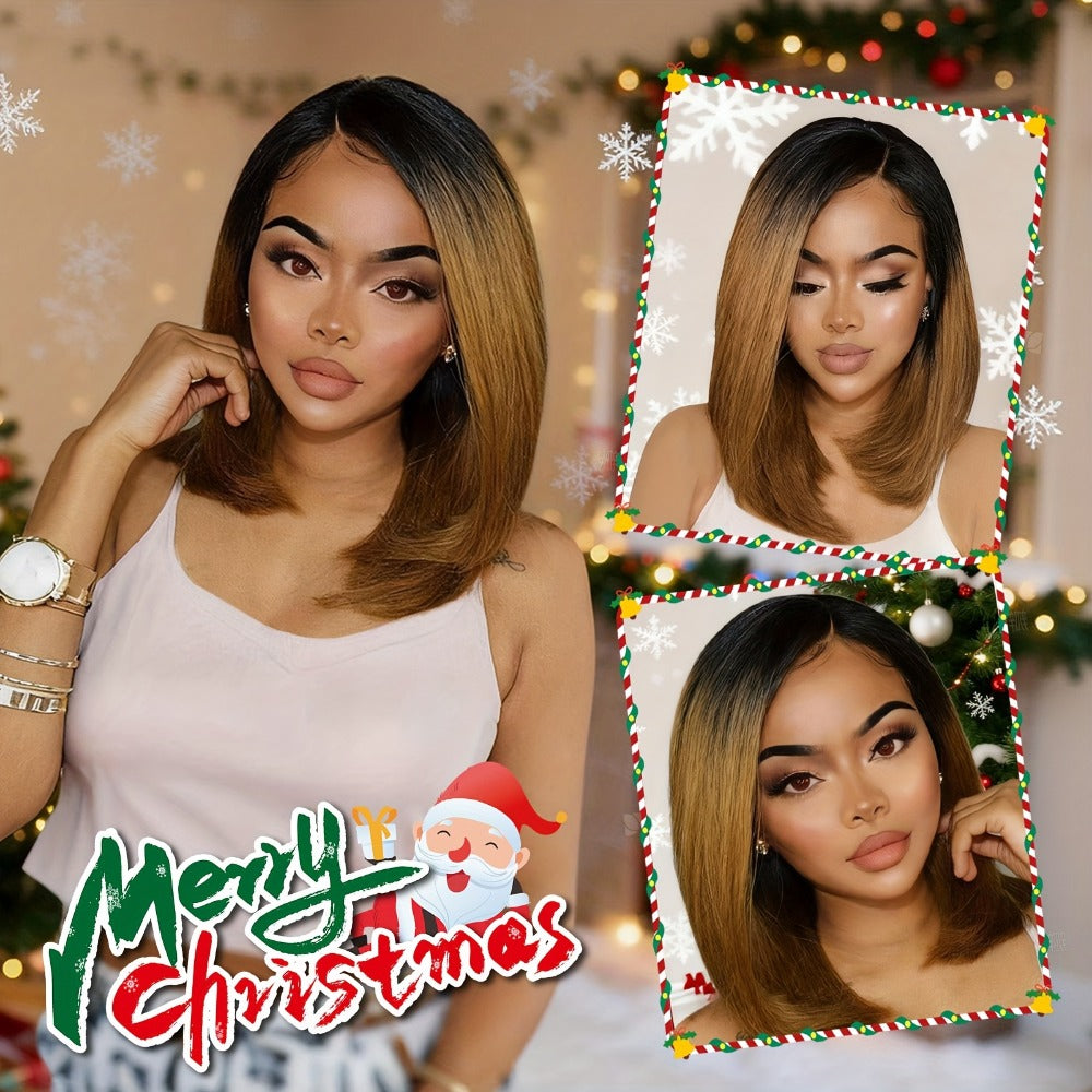 Synthetic Wig 13x2 U-Part Lace Front Straight Bob, 12-Inch Ombre Black-Brown for Daily Styling — image 3