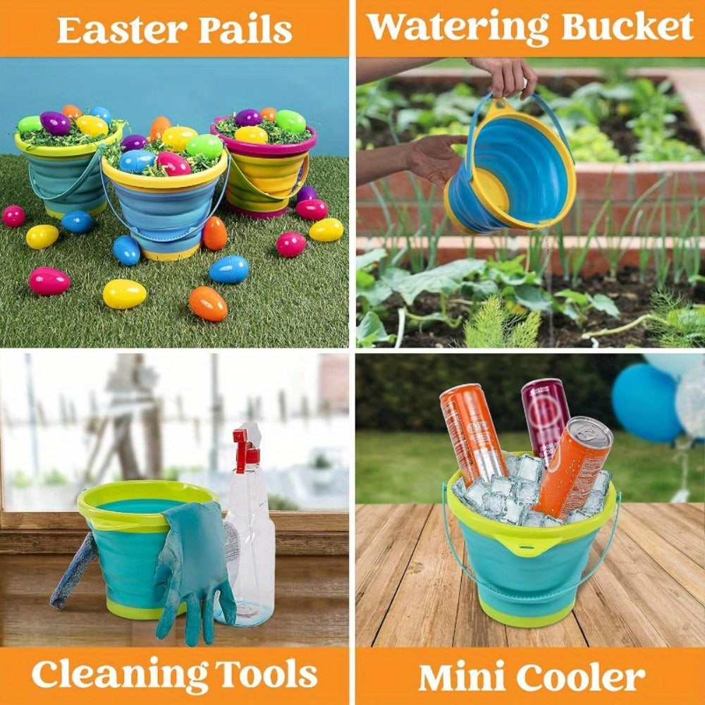 Collapsible Beach Bucket Set 3-Pack with Shovels & Mesh Backpack, Foldable Sand Pail Kit for Kids — image 3