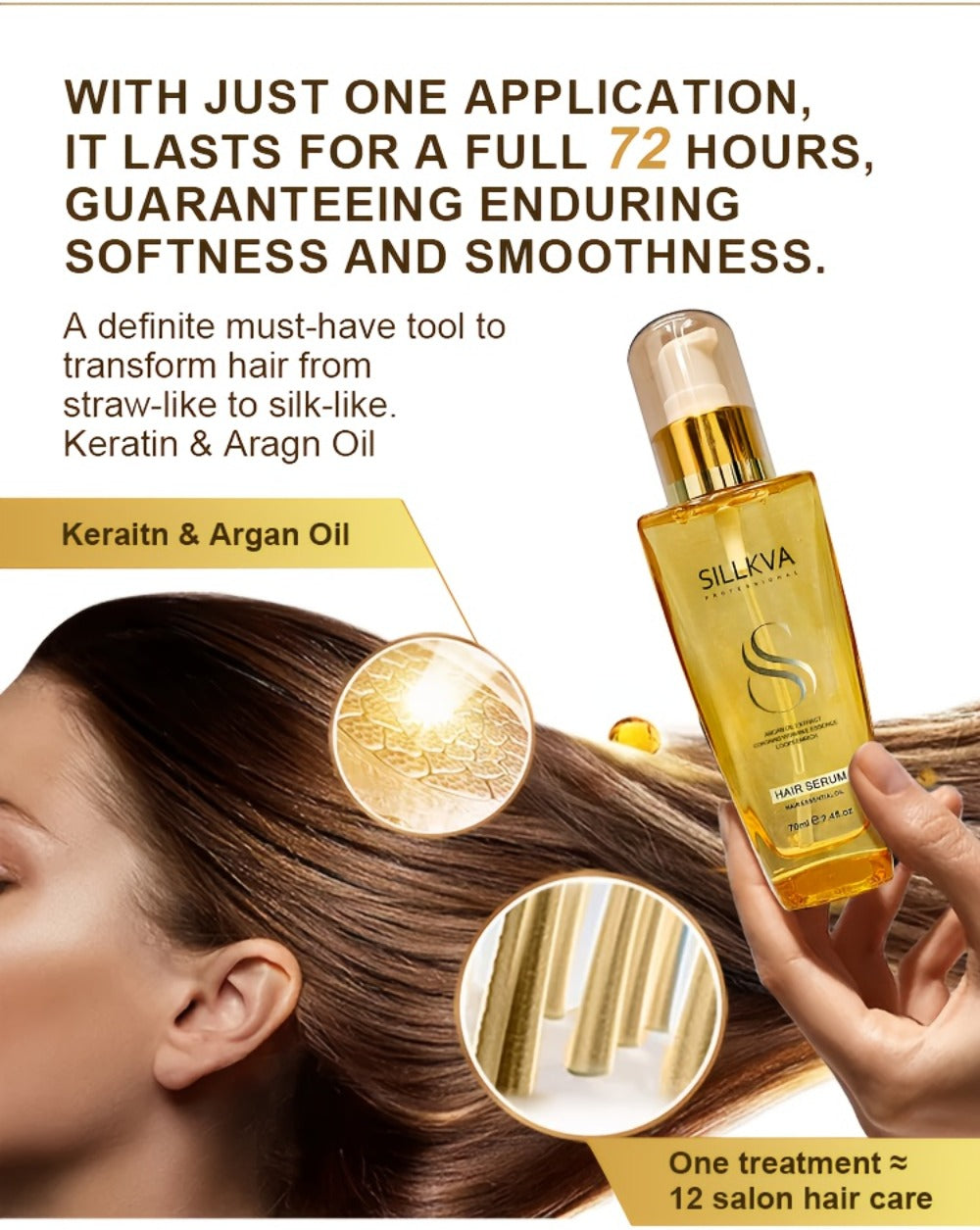 Moroccan Argan Oil Hair & Skin Treatment with Applicator Brush 2.4oz - Anti Frizz Smoothing for Bath Time, Home Spa and Perso