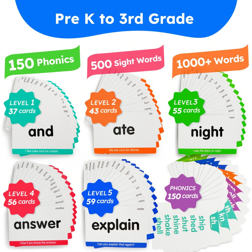 Sight Words Flash Cards 500 Cards & 150 Phonics Cards Set 1000+ Dolch Fry High Frequency Words CVC Blends Long Vowels | Learn