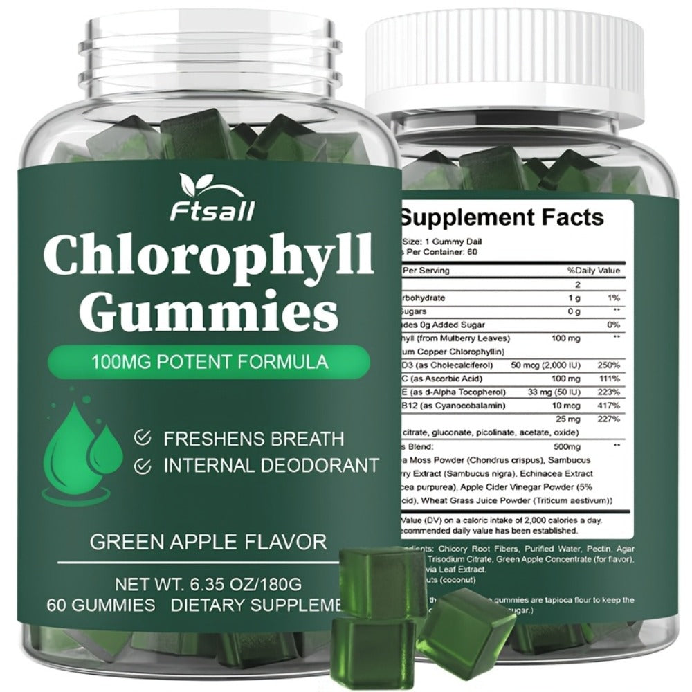 Chlorophyll Gummies 60 Count with Vitamin C D3 E B12 Zinc Irish Sea Moss Elderberry Echinacea & Apple Cider Vinegar — image 1