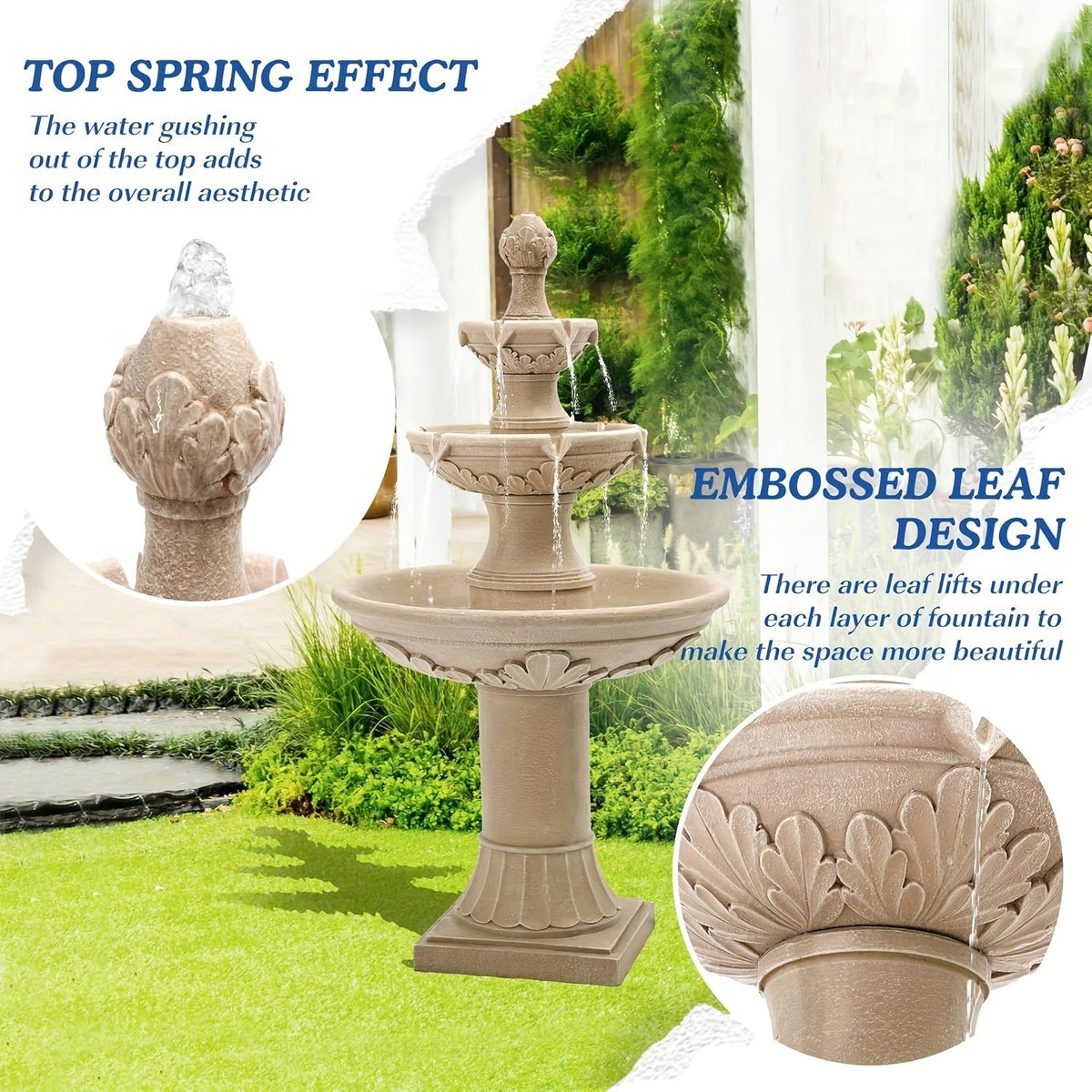 Outdoor Water Fountain 3-Tier 48.4" – Italian Cascading Garden Fountain with Carved Flowers, IPX5 Pump, Large Floor-Standing 