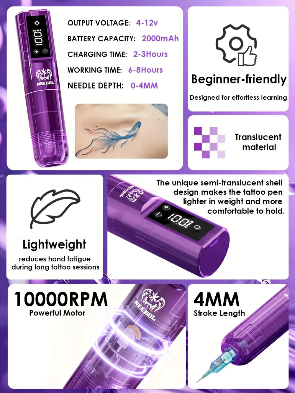 Cordless Tattoo Pen Machine Neebol Wireless Rotary Tattoo Gun with LCD Screen Display for Temporary Body Art, Festivals and C