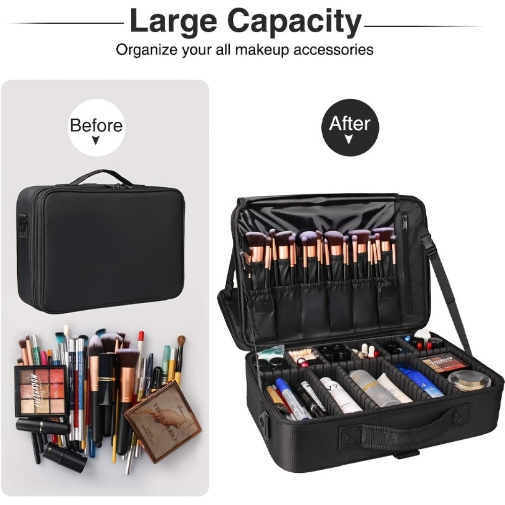 Black 15.8-Inch Soft Makeup Train Case with Three-Layer Interior, Brush Panel and Shoulder Strap — image 11