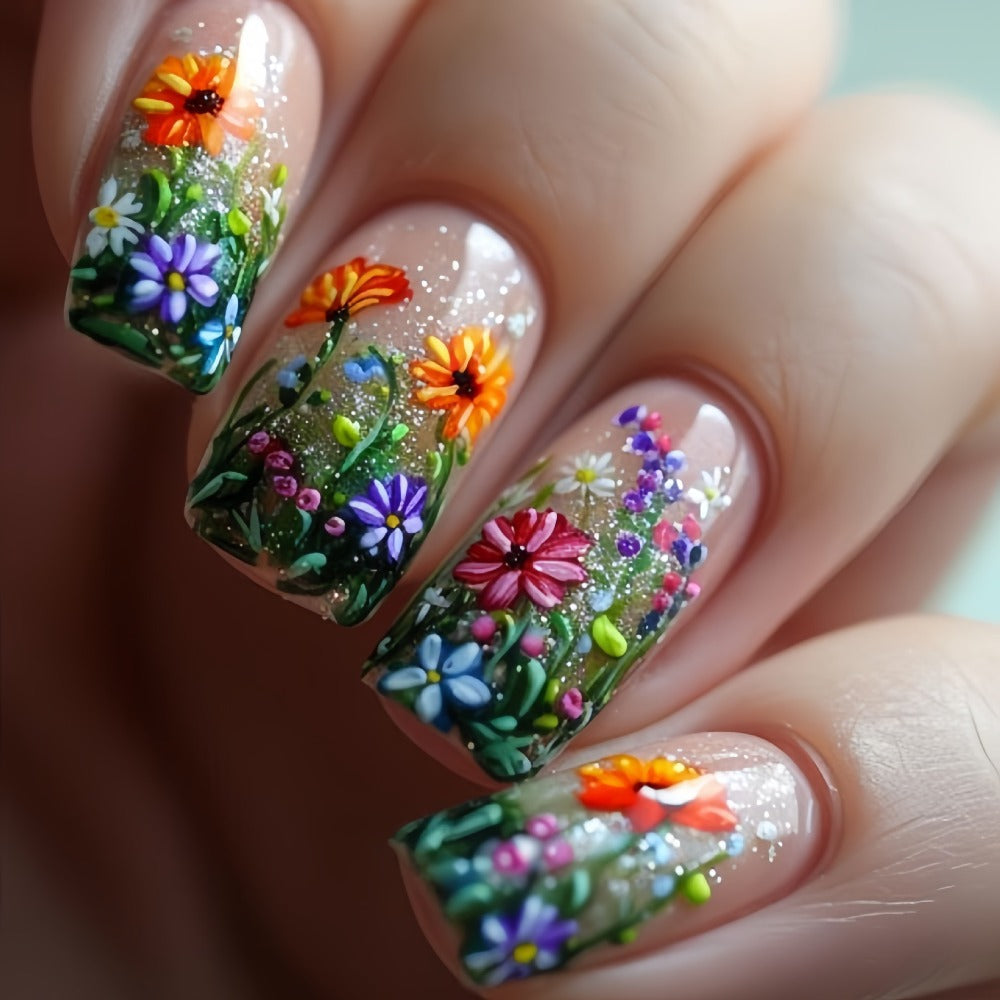 Press On Nails 120-Piece Medium Square Set with Glossy Floral and Striped Designs in Five Packs — image 5