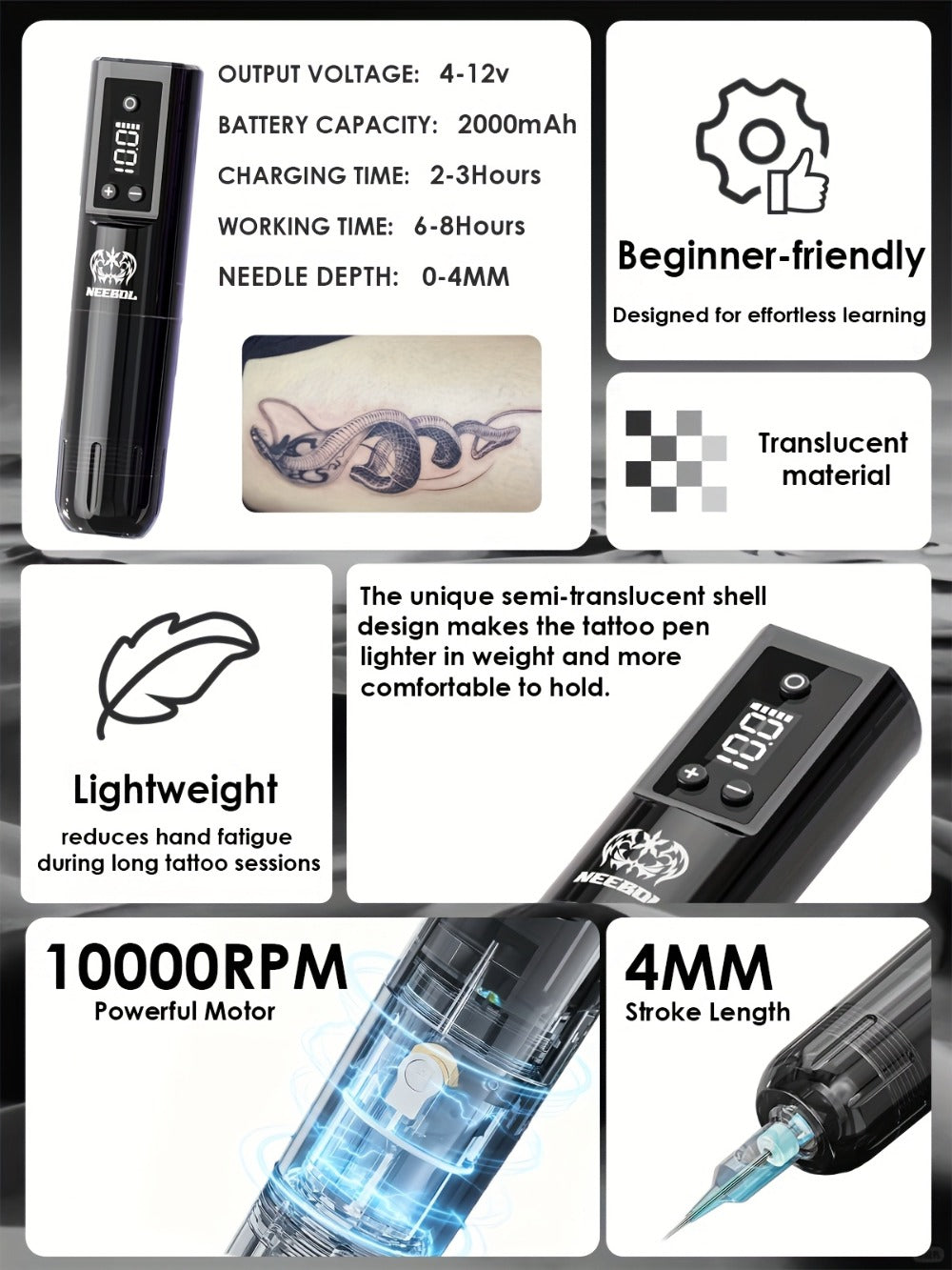 Wireless Rotary Tattoo Machine Neebol Cordless Pen, 6- Battery Life, Portable Design, Cartridge Compatible — image 16