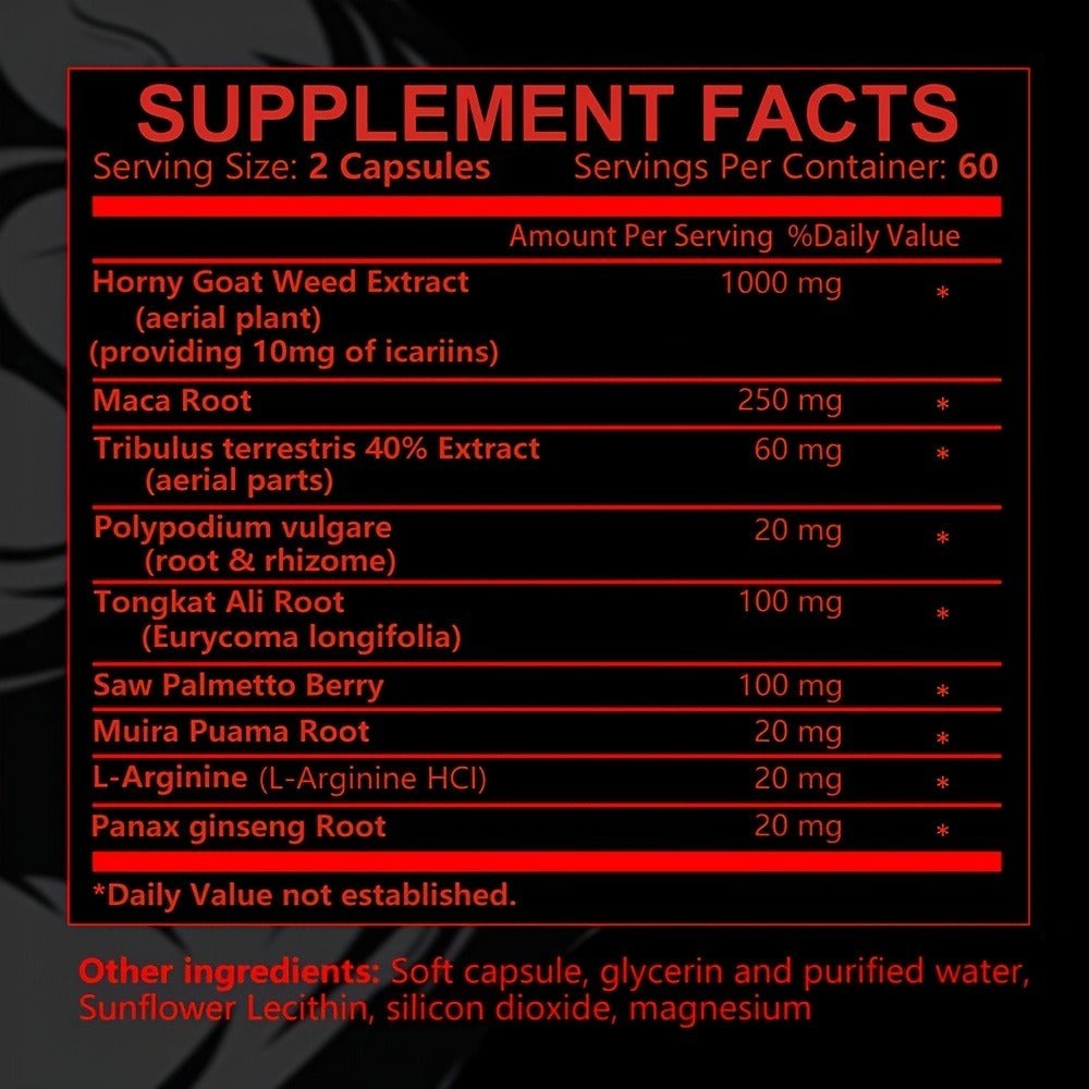 Dietary Supplement Capsules with KENOFOR Label, Horny Goat Weed, Maca Root, Saw Palmetto and 120 Count — image 2