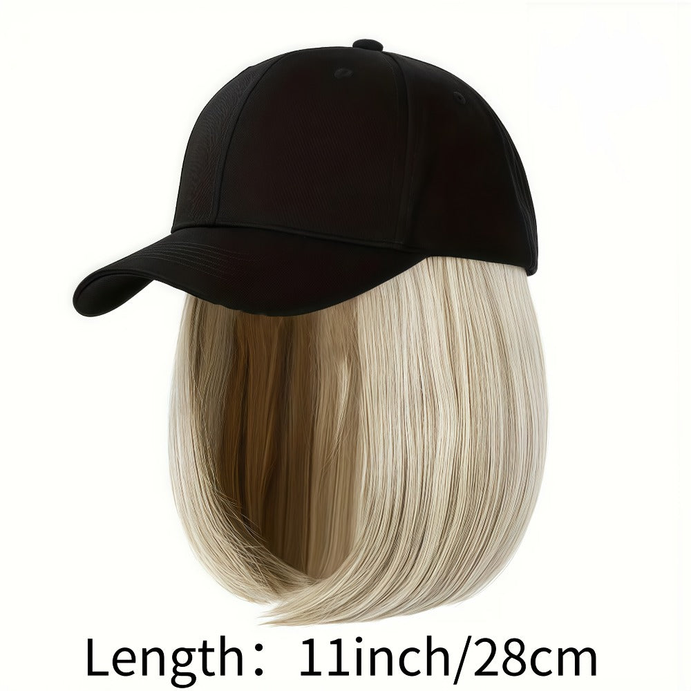 Baseball Cap Wig Women 2-in-1 Short Bob 12 Inch Glueless Synthetic Straight Breathable Adjustable Heat Resistant Natural Look