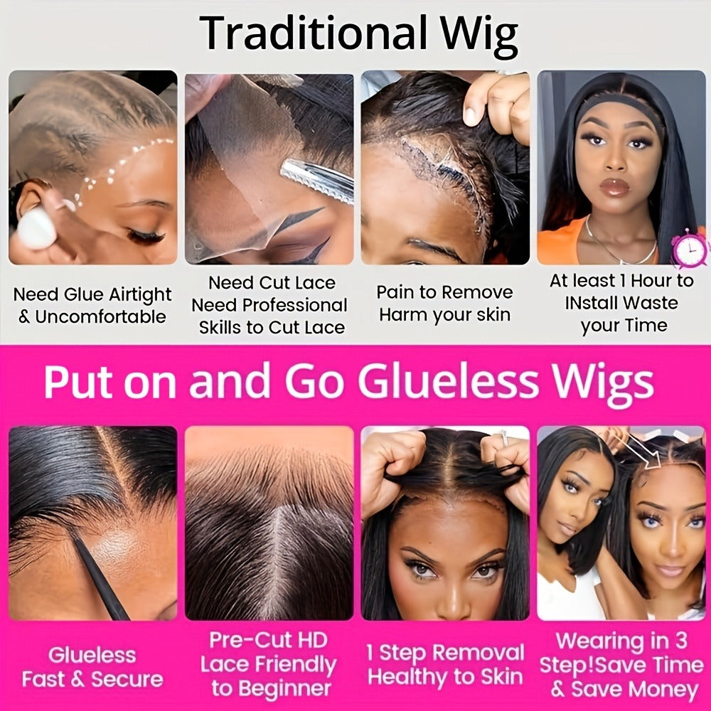 Bob Wig Human Hair 250% Density 4x4 HD Lace Straight Glueless Pre Cut Pre Plucked Wear and Go Natural Black for Women Daily W