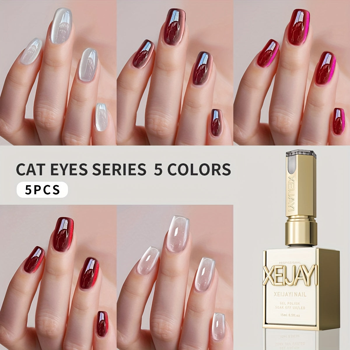 Gel Nail Polish 5-Piece Magnetic Cat-Eye Set with Ruby, Raspberry, Blackberry, White-Moonlight and Clear Shades for UV/LED Cu