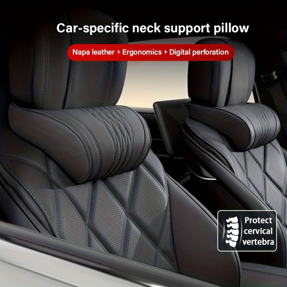 Car Neck Pillow Nappa Leather Headrest – Memory Foam Lumbar Support with Embroidery, All-Season Universal Car Interior Access