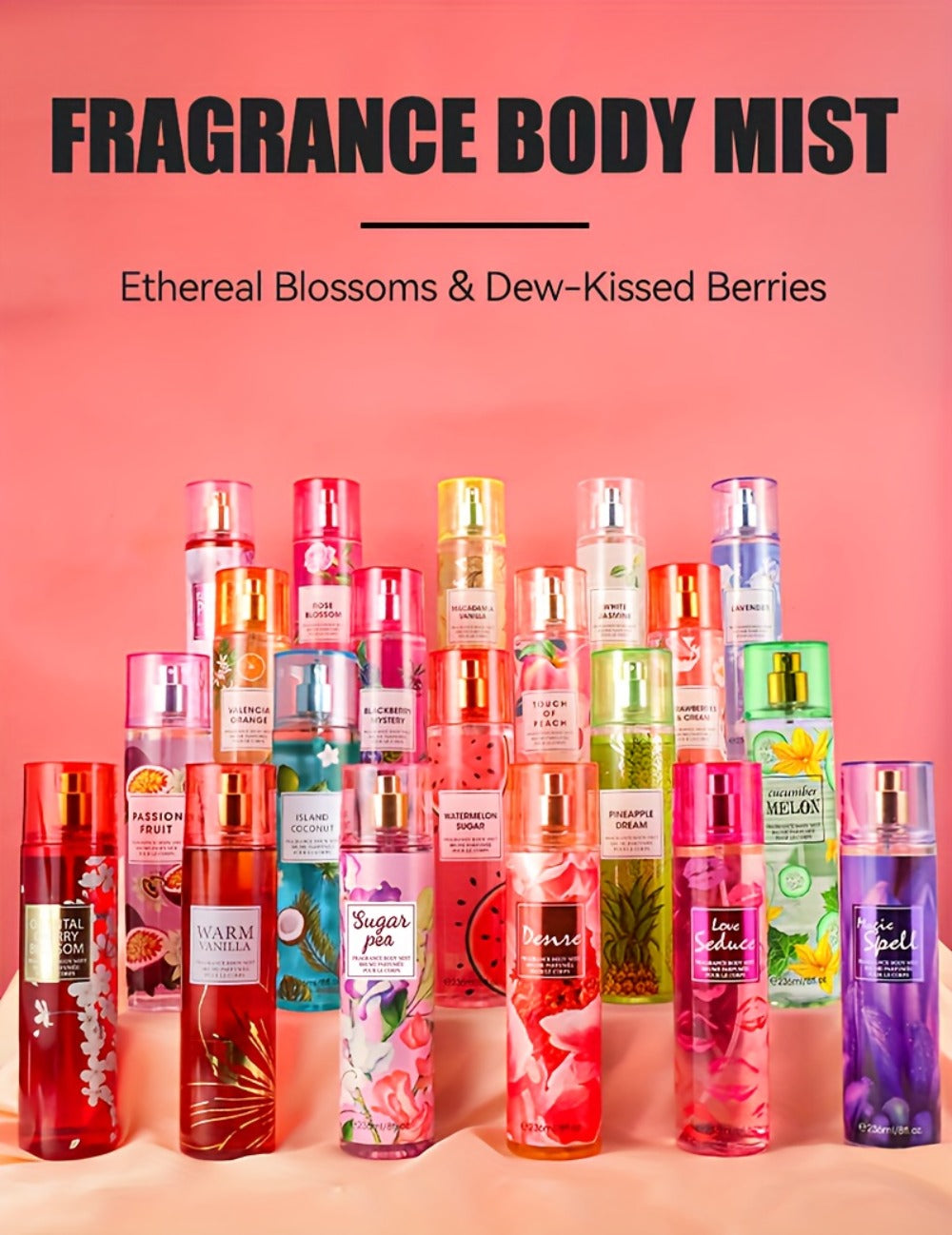 Body Spray for Women 4-Pack 8.4oz Each Hair Body Fragrance Mist Set 20 Floral Fruity Scents Daily Use Gift Value Bundle 250ml