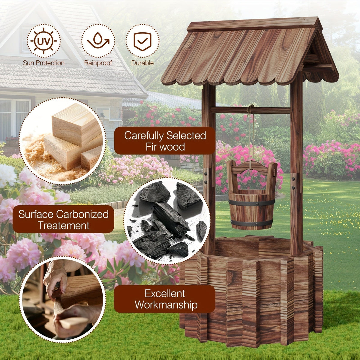 Wishing Well Planter Outdoor Wooden Rustic Garden Decor with Hanging Bucket Barrel Style for Patio Lawn Yard — image 4