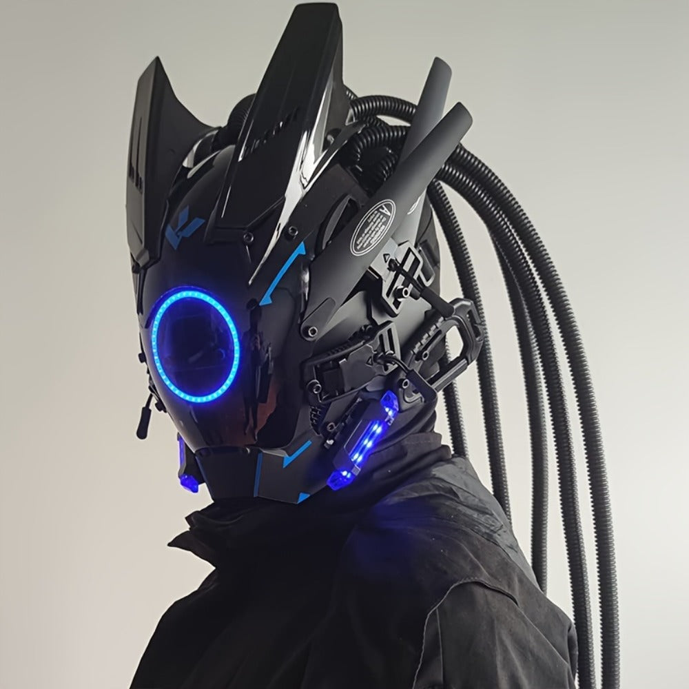 LED Braided Cyberpunk Costume Helmet with Circular Face Light and Blue, Green or Pink Accent Styles — image 11