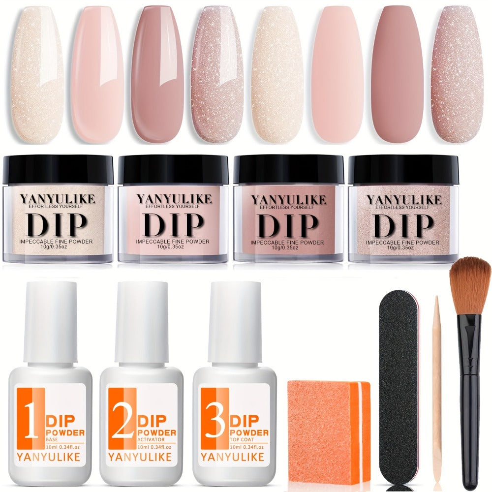 Dip Powder Nail Kit with YANYILIKE Label, Four Nude Shimmer Powders, Three 10ml Liquids and Four Tools — image 1