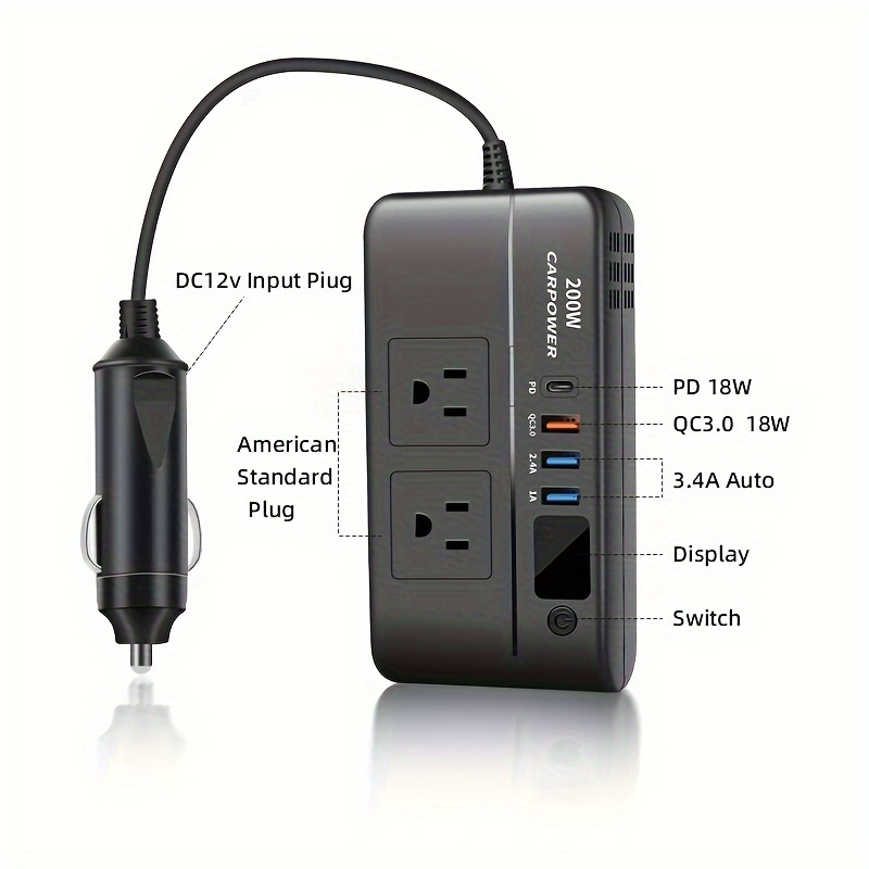 200W Car Power Inverter DC 12V to AC 110V with USB-C PD 20W & QC3.0 Fast Charging for Garden, Patio and Yard Use — image 5
