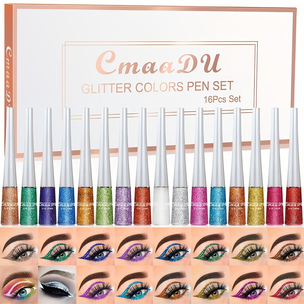 Glitter Liquid Eyeliner Set 16 Colors Waterproof Shimmer Metallic Eye Liner Pen Kit – Long-Lasting Smudge-Proof Sparkle Eye M
