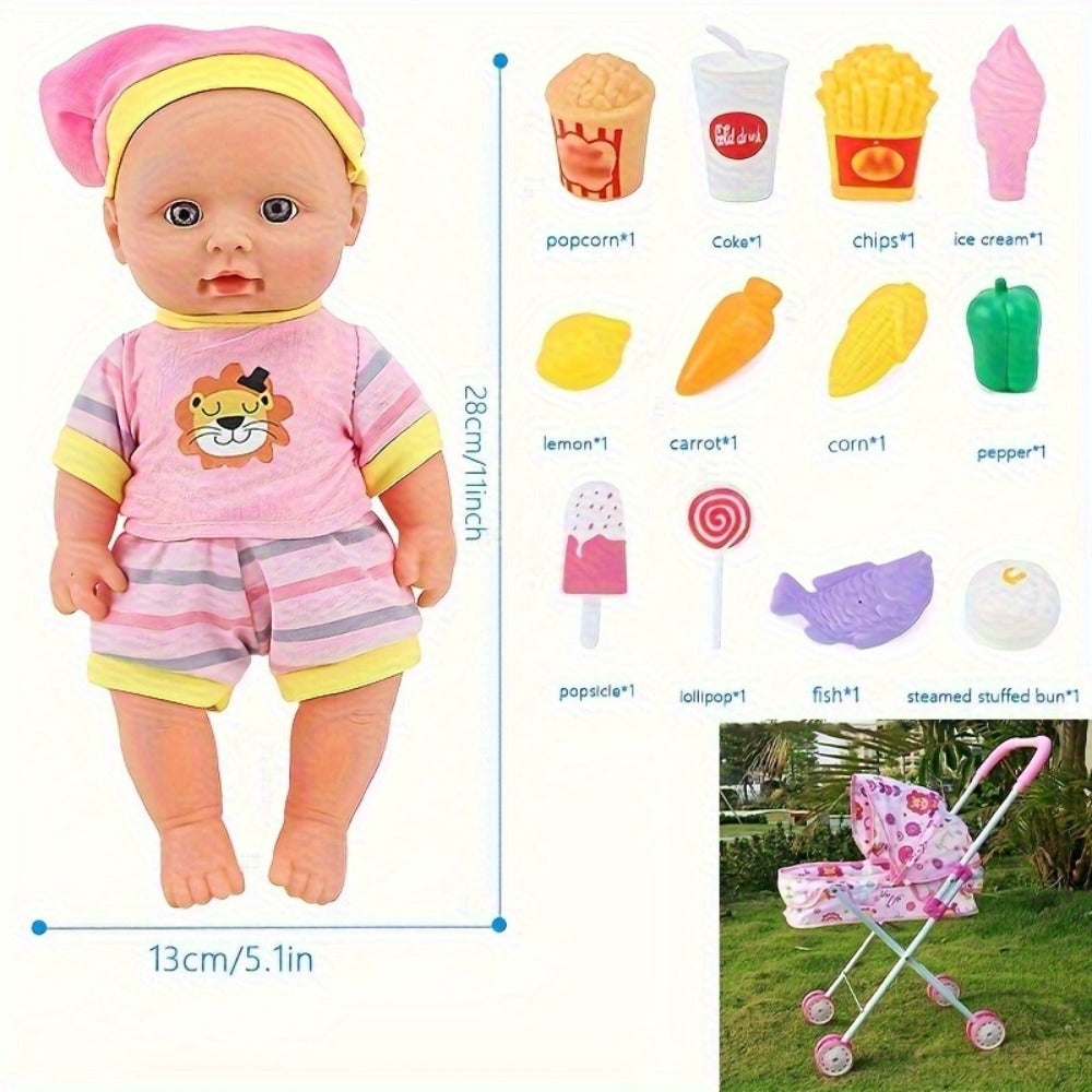 11-Inch Baby Doll and Folding Stroller Playset with 12 Food Accessories in Pink or Purple Color Options — image 6