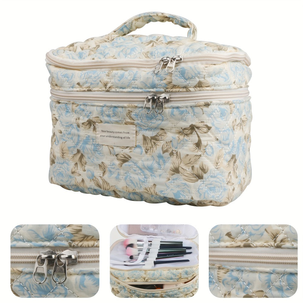 Makeup Bag Three-Piece Quilted Cotton Dual-Layer Floral Pouch Set for Travel, Vanity and Everyday Beauty Storage — image 15