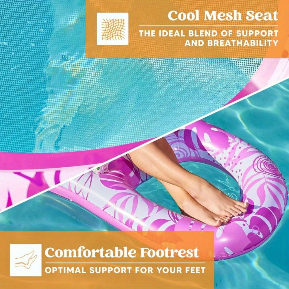 Pink Tropical Inflatable Pool Recliner Float, 60 x 36 x 24 Inches with Mesh Seat and Cup Holder — image 5