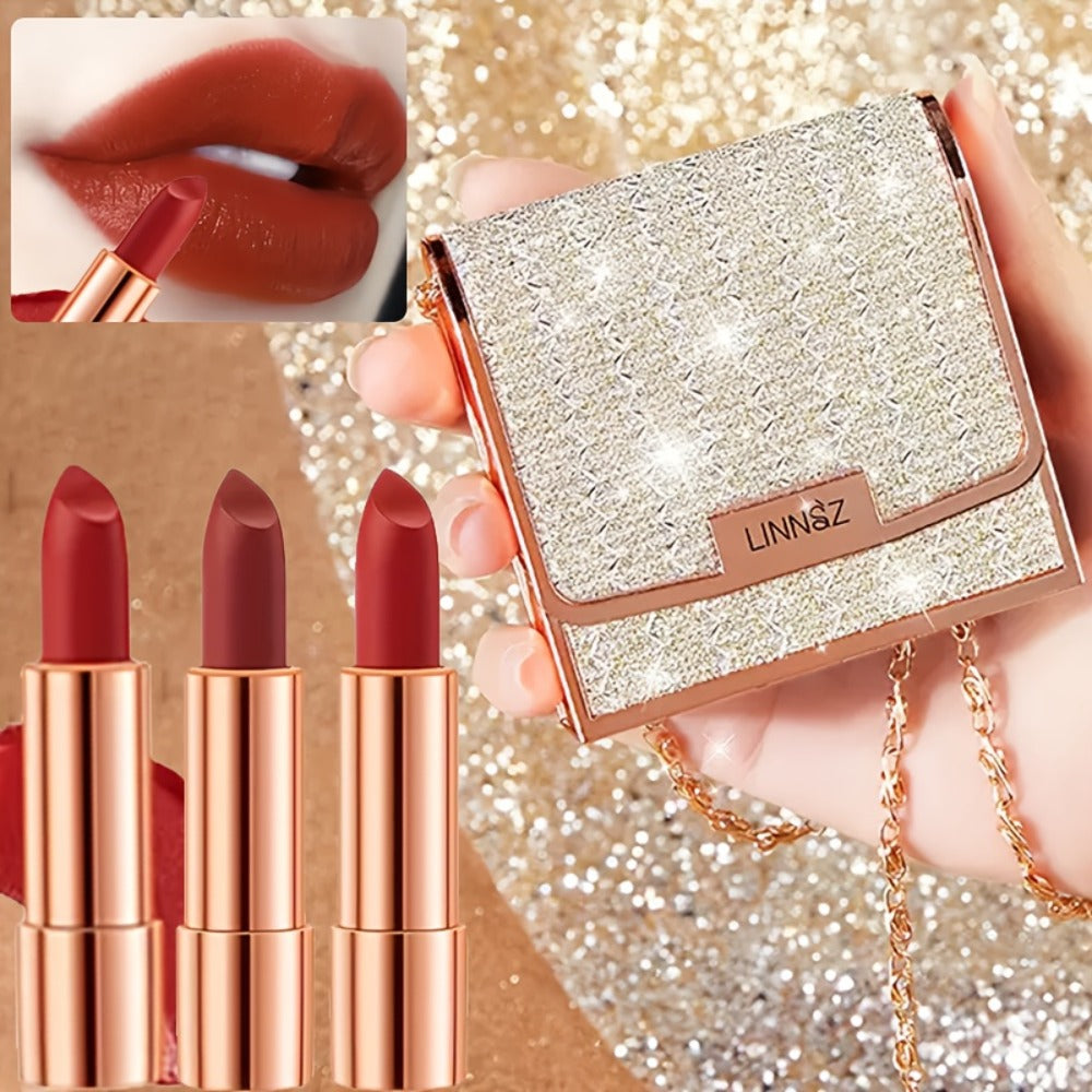 Matte Lipstick Gift Set 3 Pack Velvet Waterproof Long-Lasting Anti-Fading Intense Pigment Full Coverage Lip Color with Elegan