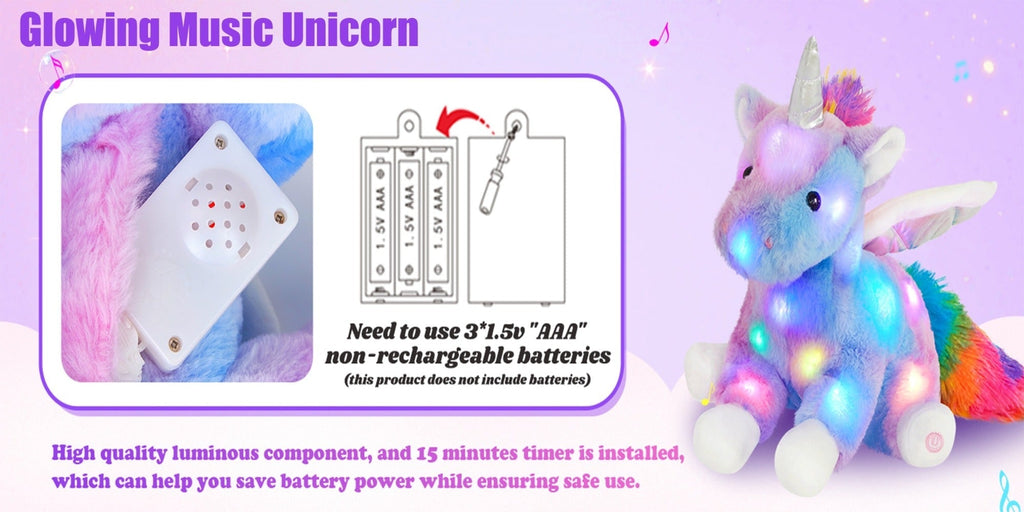 Plush Toy Rainbow Unicorn with LED Glow and Choice of Music or No-Music Light-Up choices for Bedtime — image 14